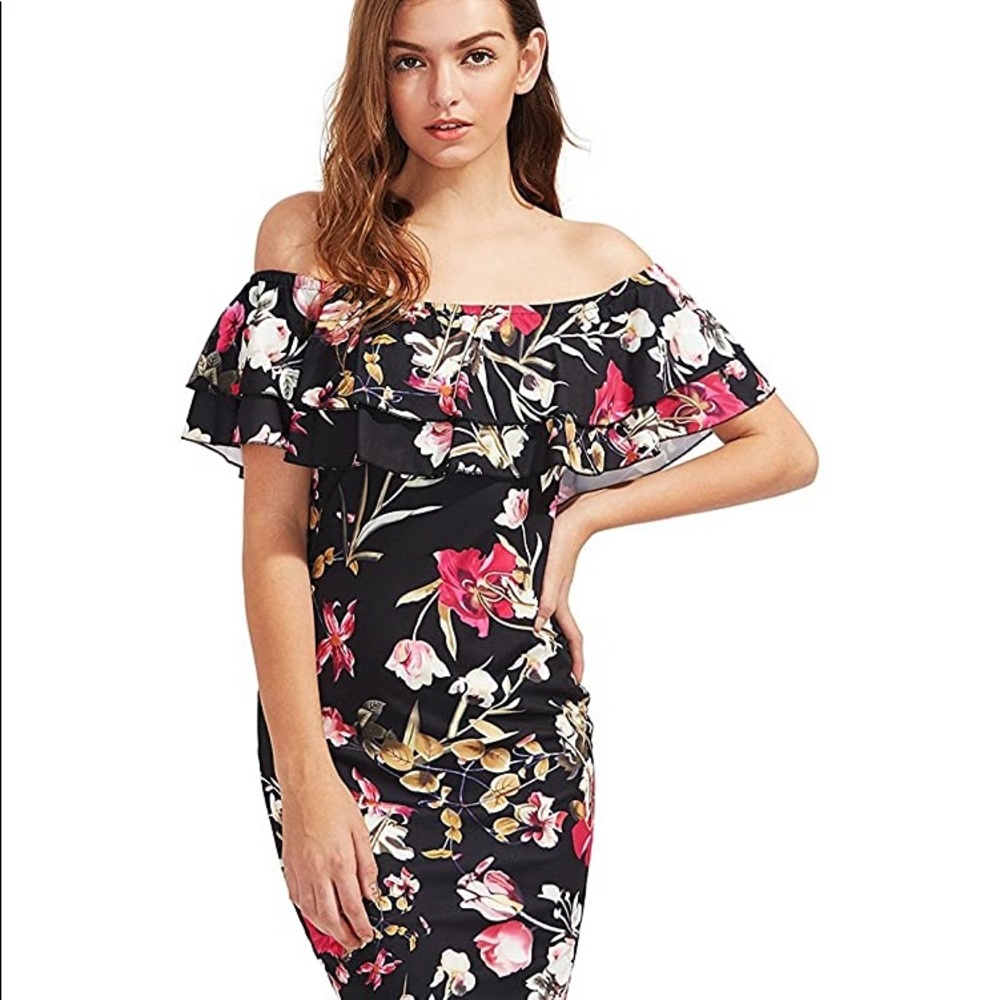 Floral ruffle off shoulder party dress